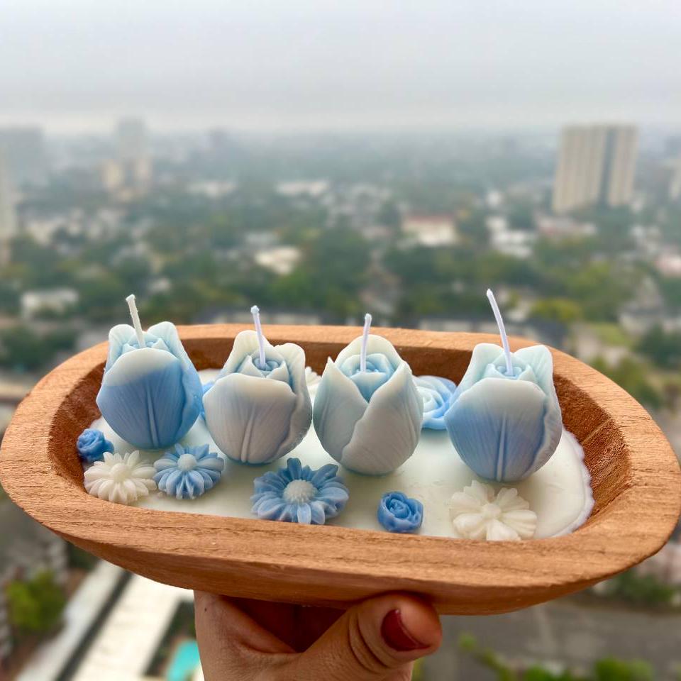 Floral Dough Bowl Candle - Hand-Poured Soy Wax | Rustic Wooden Bowl Decorative Flower Design | Unique Home Decor| Housewarming Gift Idea