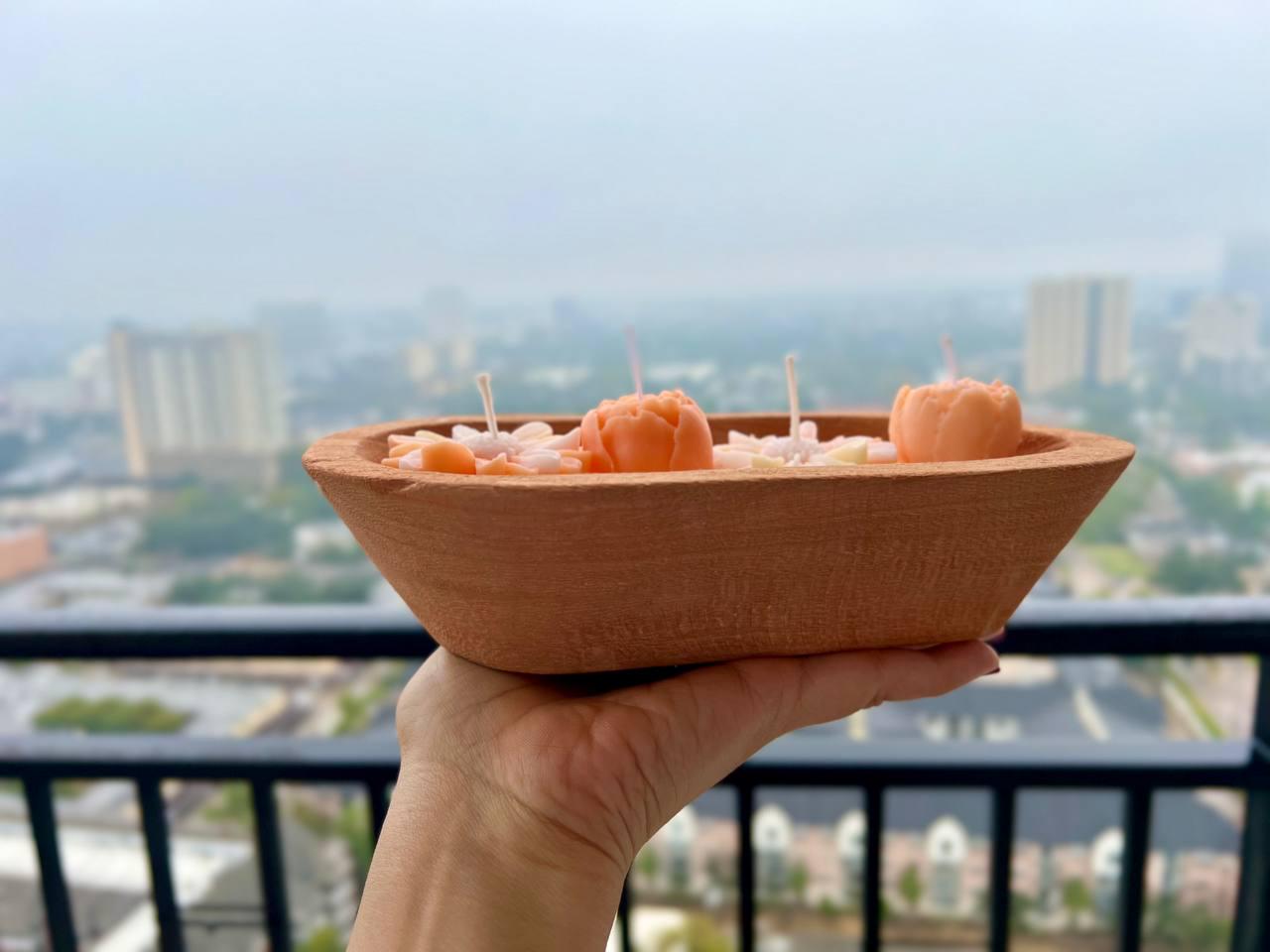 Floral Dough Bowl Candle - Hand-Poured Soy Wax | Rustic Wooden Bowl Decorative Flower Design | Unique Home Decor| Housewarming Gift Idea