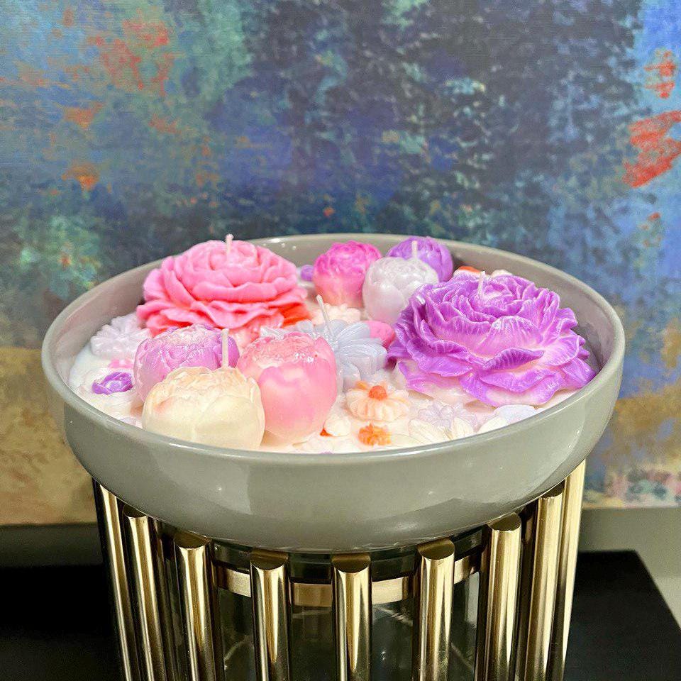 Floral Ceramic Bowl| Decorative Candle with Daisy & Poeny Design| Unique Home Decor| Luxury Housewarming Gift| Perfect Gift for a Loved One