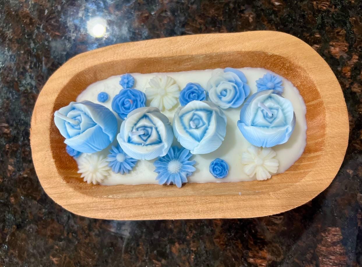 Floral Dough Bowl Candle - Hand-Poured Soy Wax | Rustic Wooden Bowl Decorative Flower Design | Unique Home Decor| Housewarming Gift Idea