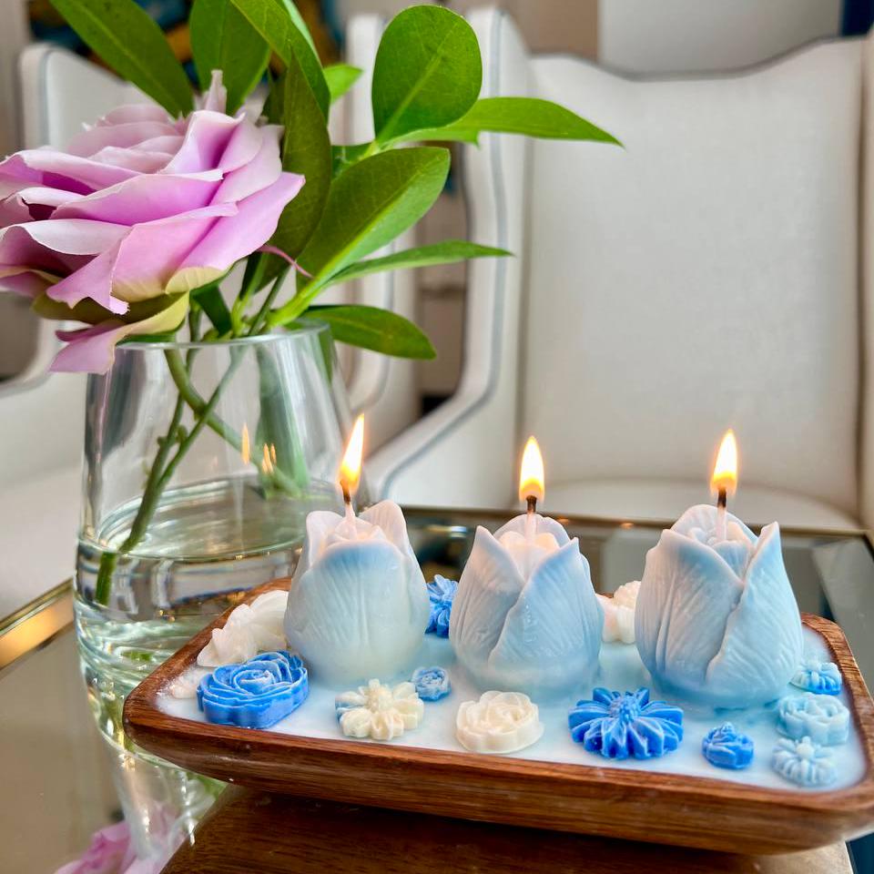 Floral Dough Bowl Candle - Hand-Poured Soy Wax | Rustic Wooden Bowl Decorative Flower Design | Unique Home Decor| Housewarming Gift Idea