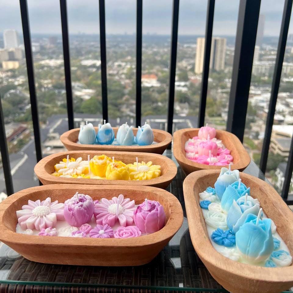 Floral Dough Bowl Candle - Hand-Poured Soy Wax | Rustic Wooden Bowl Decorative Flower Design | Unique Home Decor| Housewarming Gift Idea