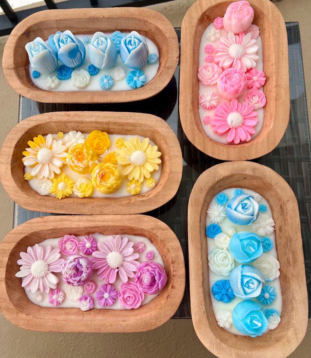 Floral Dough Bowl Candle - Hand-Poured Soy Wax | Rustic Wooden Bowl Decorative Flower Design | Unique Home Decor| Housewarming Gift Idea