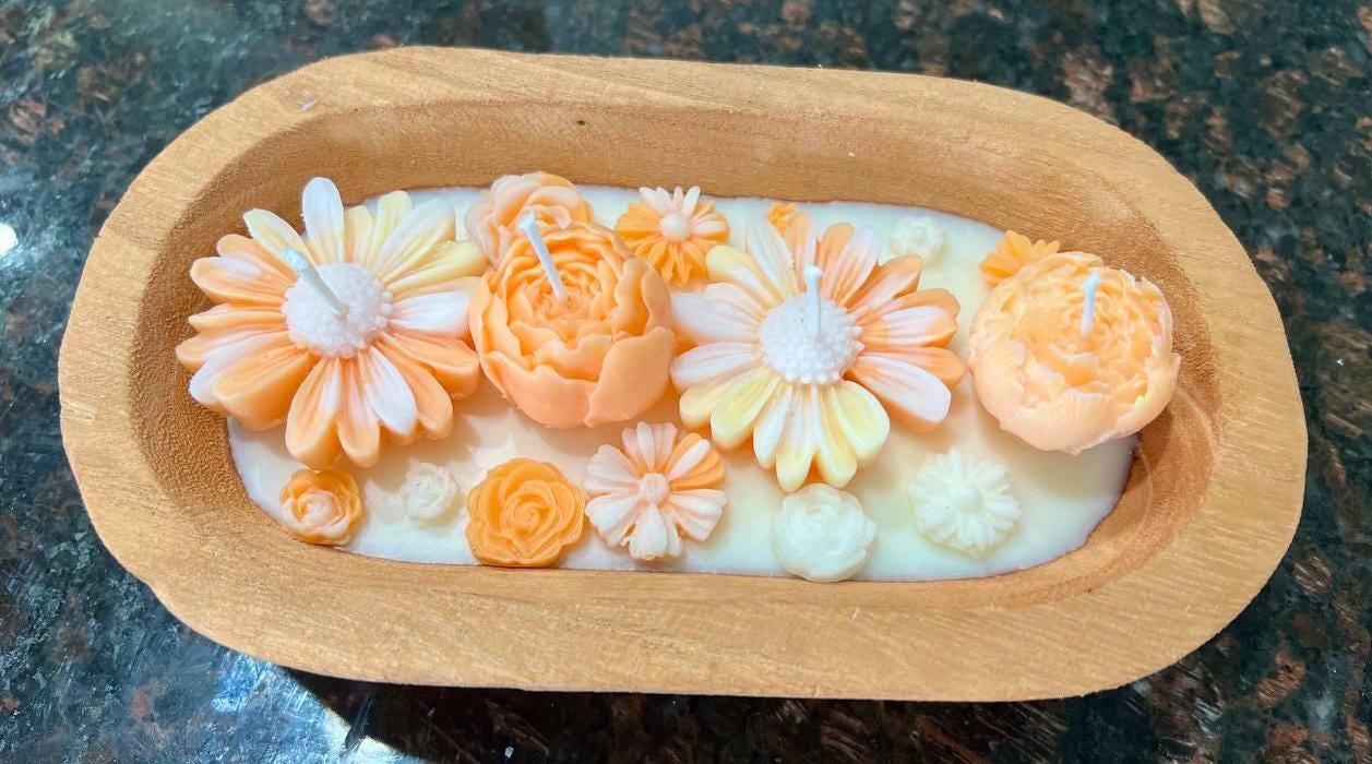 Floral Dough Bowl Candle - Hand-Poured Soy Wax | Rustic Wooden Bowl Decorative Flower Design | Unique Home Decor| Housewarming Gift Idea